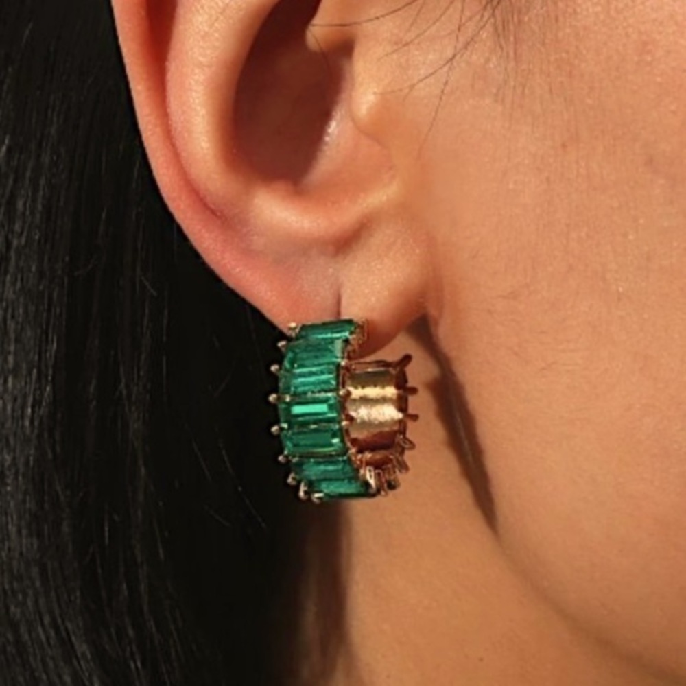 Brand new Anthropologie Emerald Green gold Crystal Hoop Earrings hypoallergenic